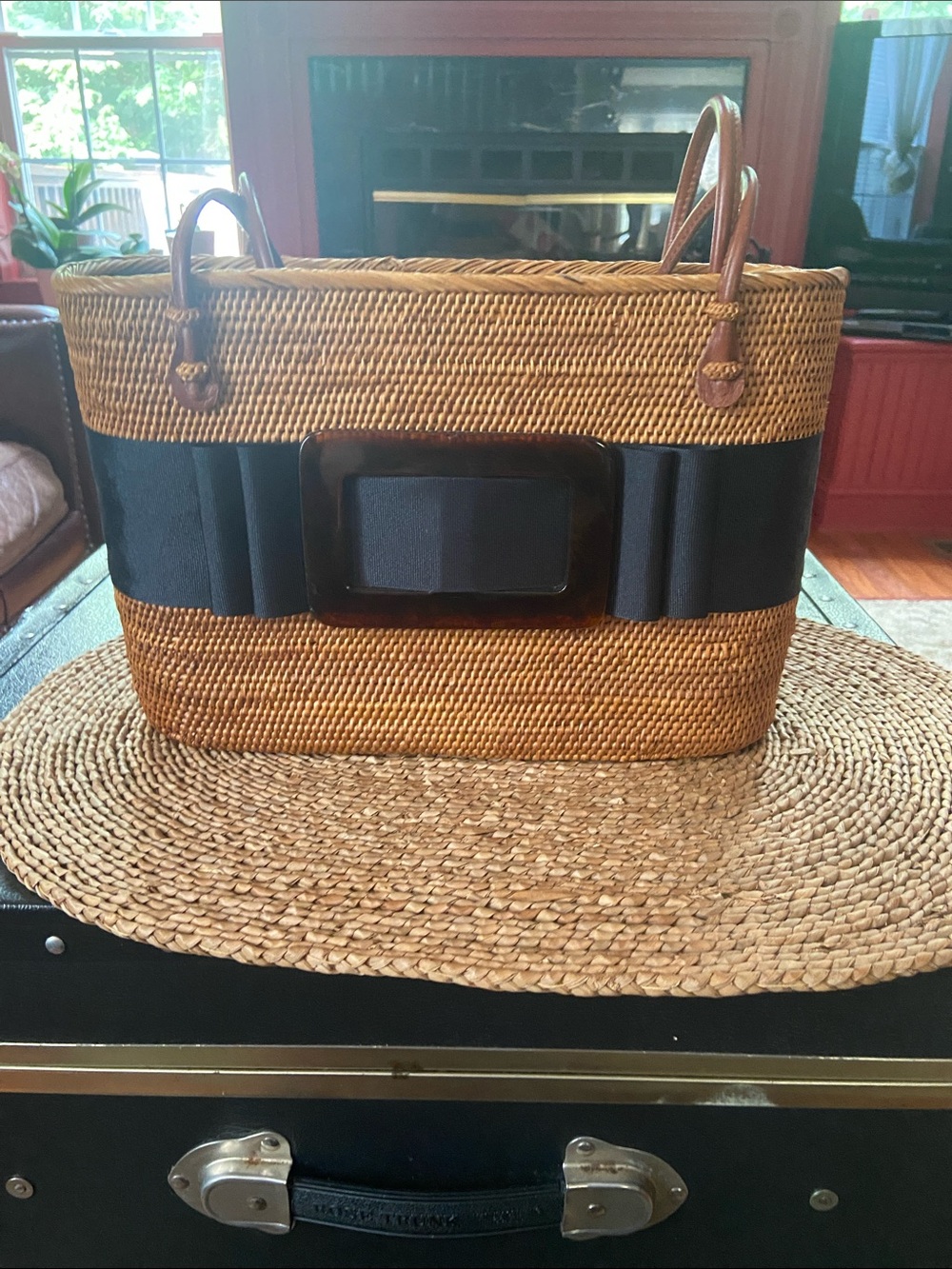 Lisi Lerch Woven Straw Tote with Black Accent and Tortoiseshell Buckle
